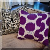 DN01. Madeline Weinrib ”Iris” pillow with original tags (Retail $525) and black and white decorative pillows.  